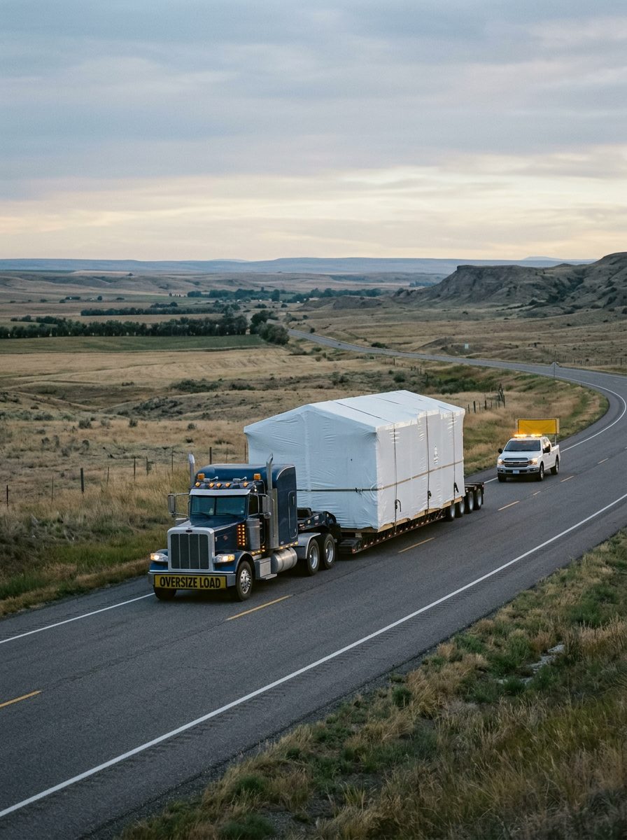 A module on a lowboy trailer