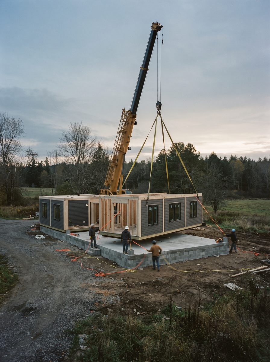 A crane setting a module