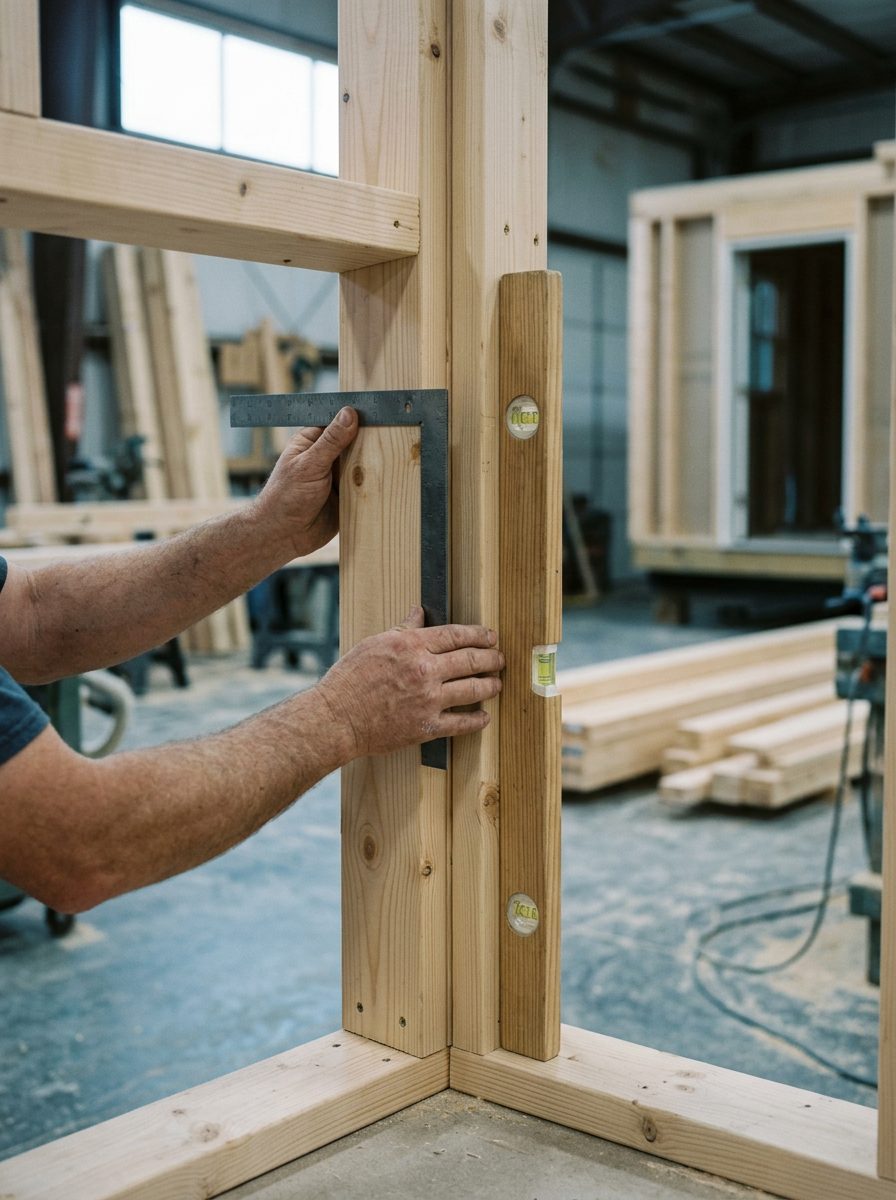A carpenter checking a square wall corner inside a modular home factory