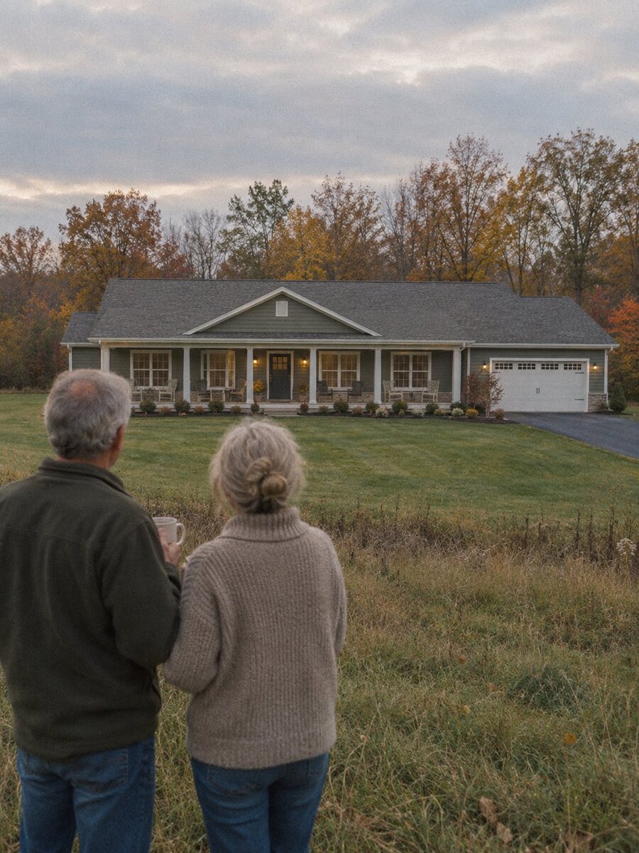 A couple looking at their newly finished single-story modular home