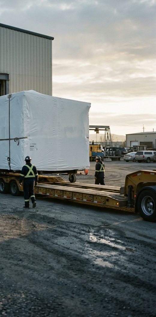 A finished home module leaving the factory at sunrise