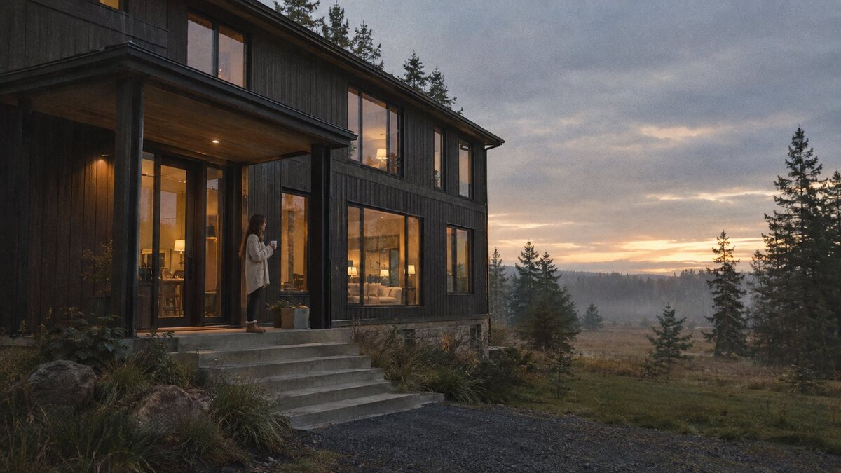 A finished two-story modular home at dusk, its owner on the front steps
