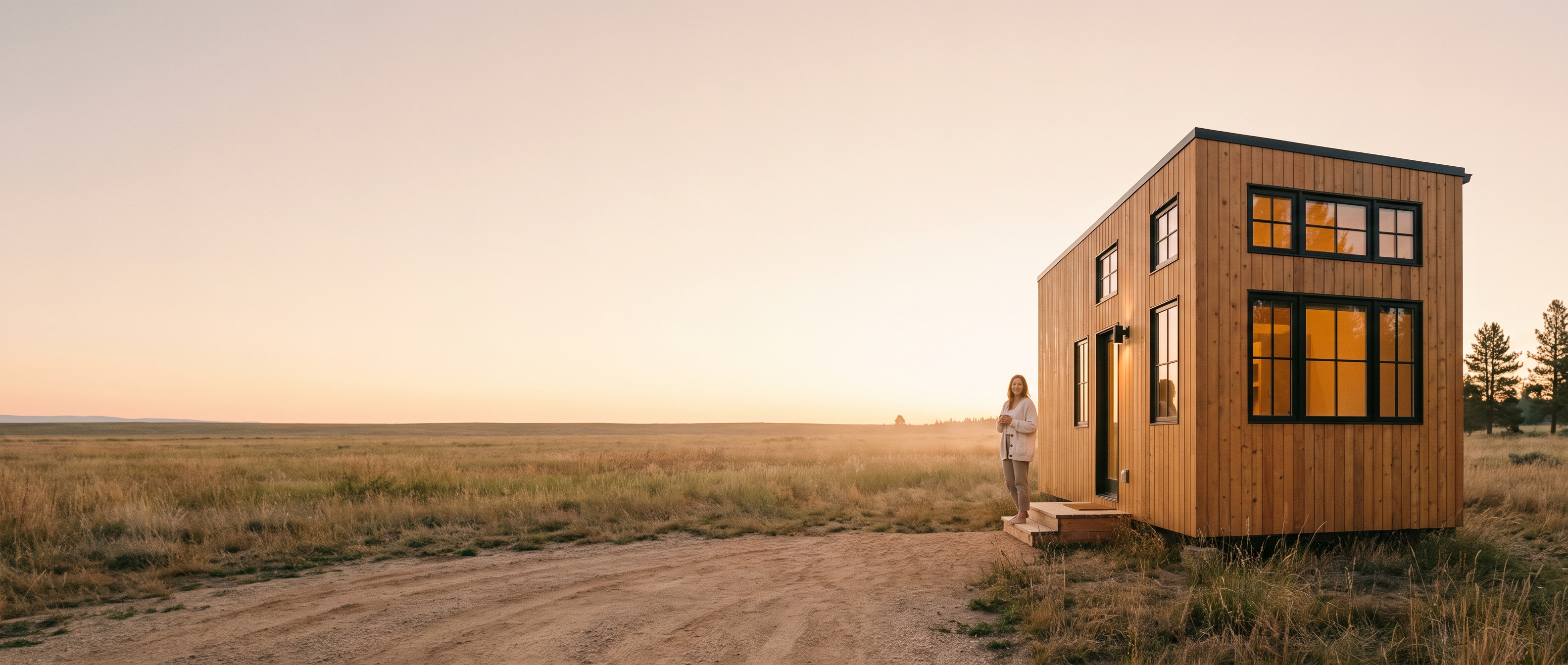 A modular home on owned land at golden hour