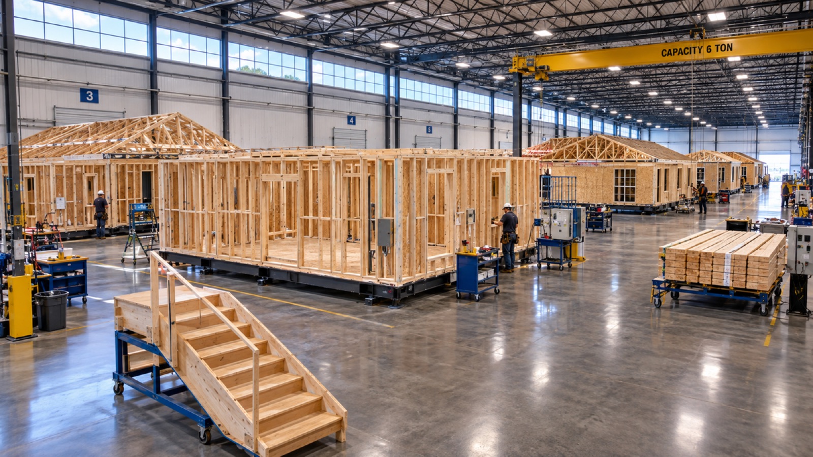 A modular home factory line running at capacity, with modules under frame in sequence across numbered bays