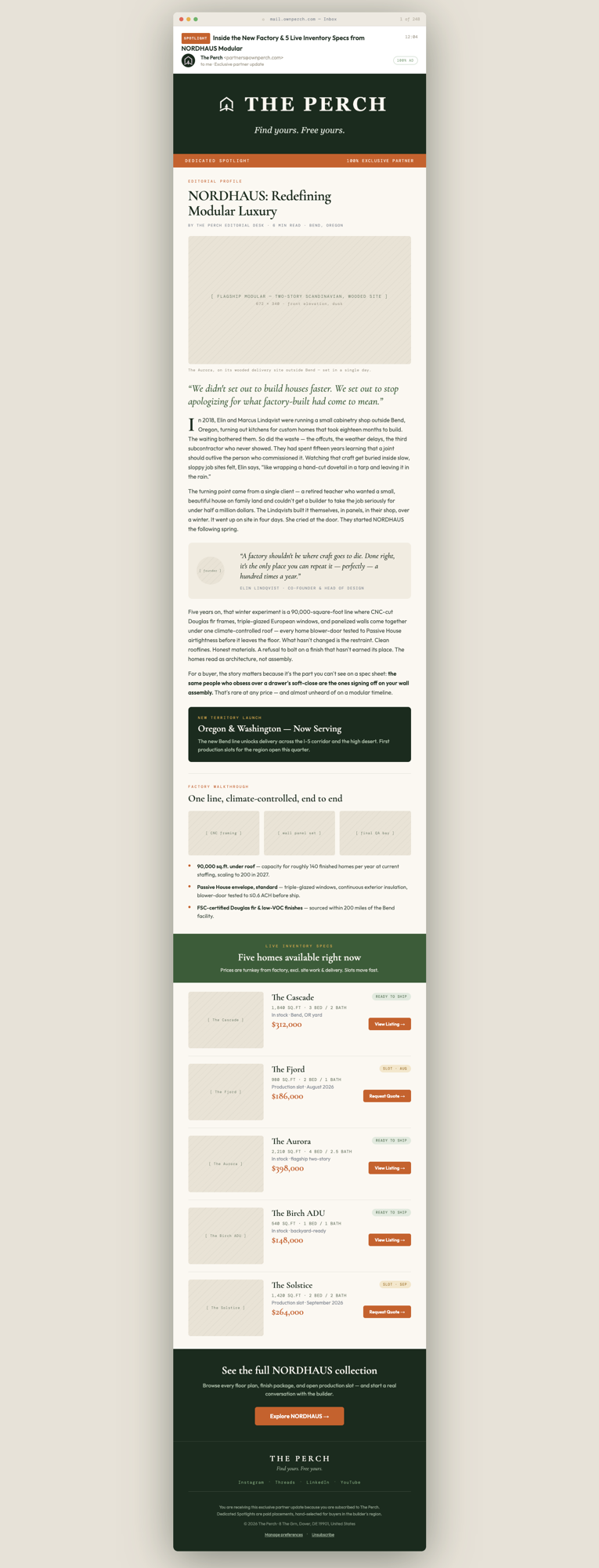 The Perch — NORDHAUS Dedicated Spotlight Email Sample Layout