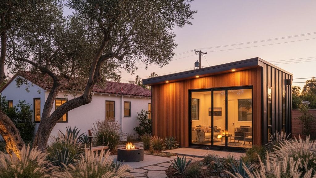 Modern small detached ADU placed behind a California bungalow with mature landscaping in evening light.