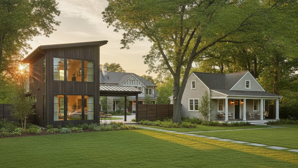 Architectural editorial photograph illustrating adu vs guest house on a typical American residential lot in golden afternoon light.