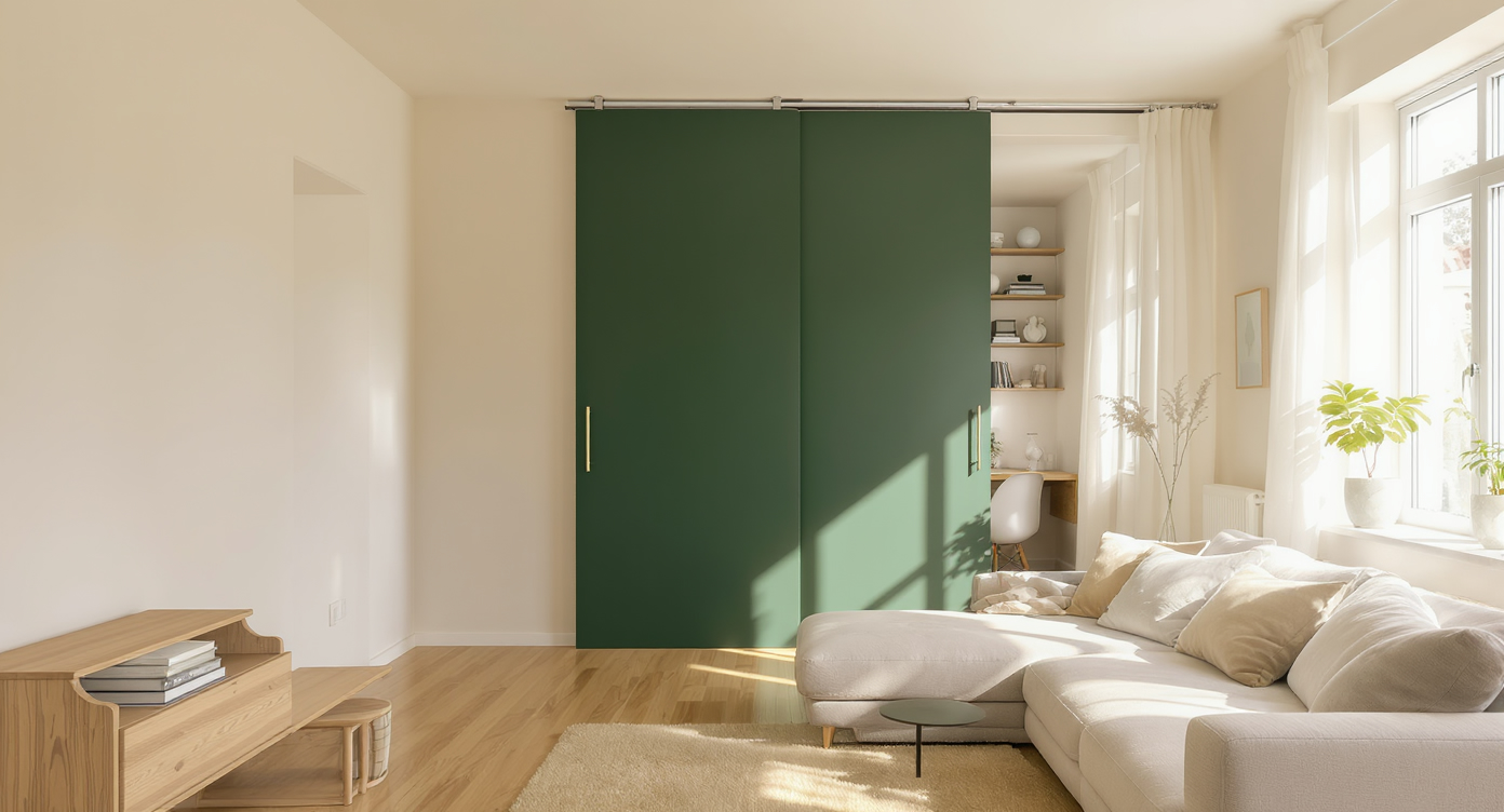 A sunlit living room with a large green sliding wall that separates the main area from a home office, showcasing agile housing design.
