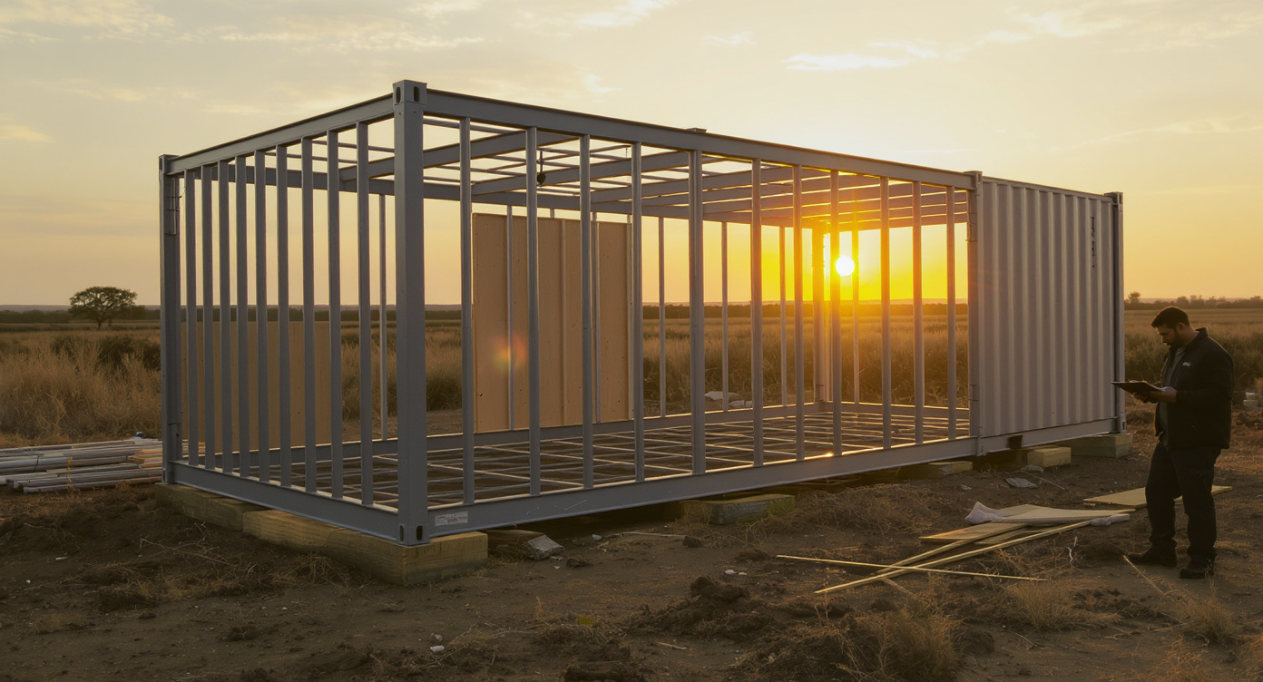 Flat-pack steel-frame container home kit unboxed on a rural lot with the panels still strapped