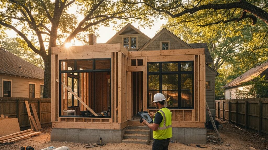 A detached modern ADU under construction behind a craftsman bungalow in intown Atlanta with a foreman reviewing plans and mature oak canopy in golden light.