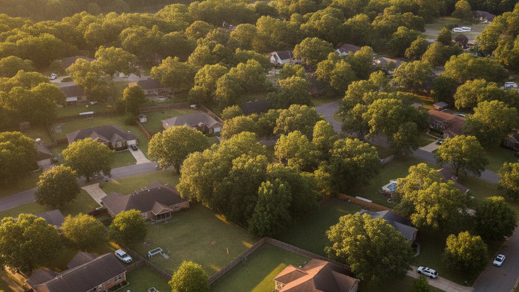Aerial photograph of a typical Alabama suburban residential neighborhood showing the local backyard pattern in golden afternoon light.