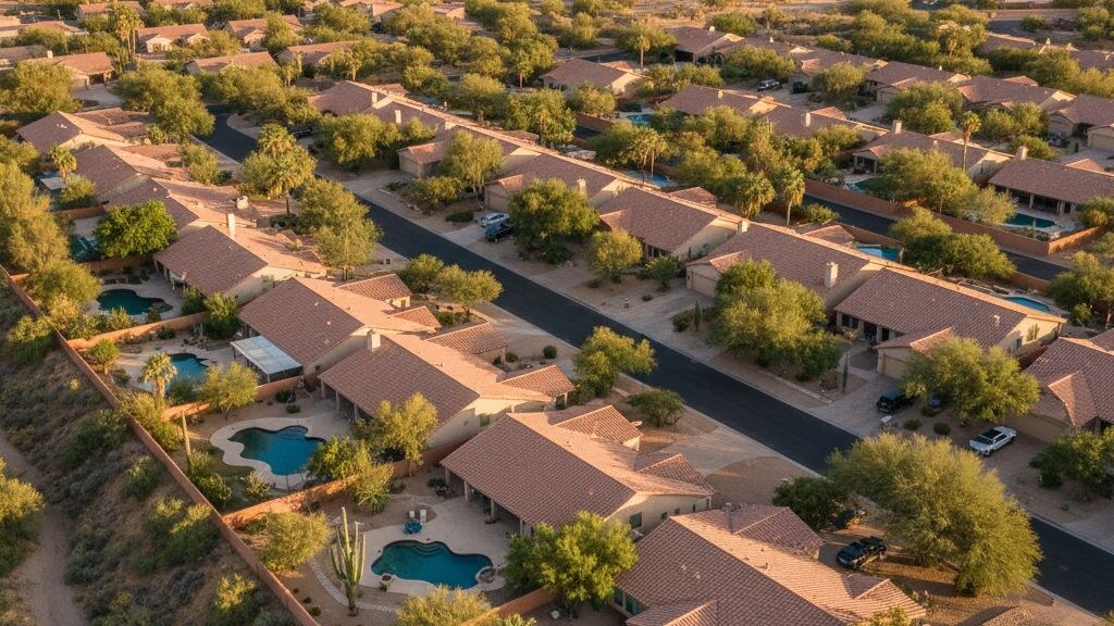 Aerial photograph of a typical Arizona suburban residential neighborhood showing the local backyard pattern in golden afternoon light.