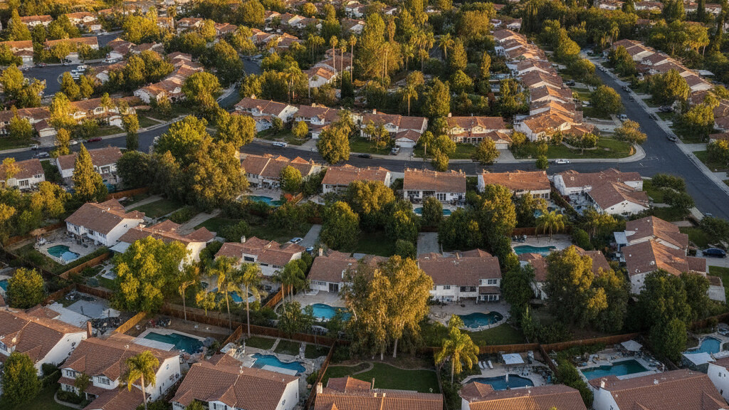 Aerial photograph of a typical California suburban residential neighborhood showing the local backyard pattern in golden afternoon light.