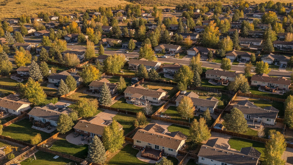 Aerial photograph of a typical Colorado suburban residential neighborhood showing the local backyard pattern in golden afternoon light.