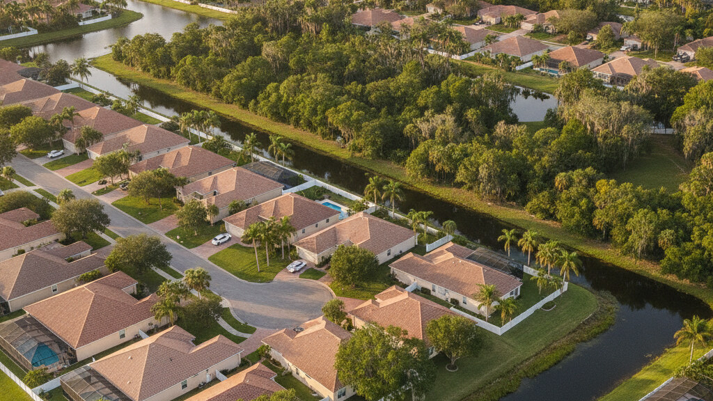 Aerial photograph of a typical Florida suburban residential neighborhood showing the local backyard pattern in golden afternoon light.