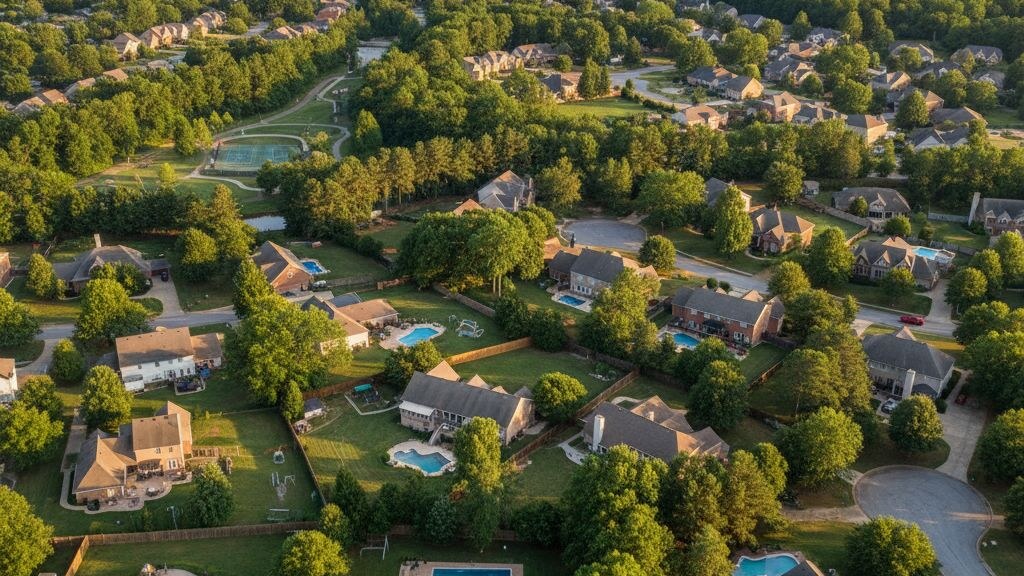 Aerial photograph of a typical Georgia suburban residential neighborhood showing the local backyard pattern in golden afternoon light.