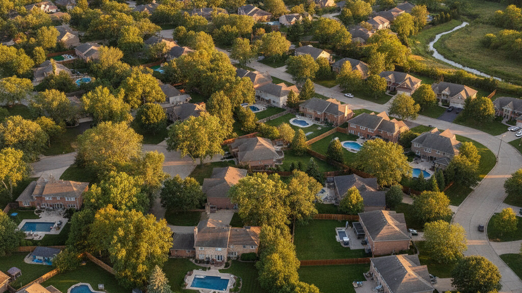Aerial photograph of a typical Illinois suburban residential neighborhood showing the local backyard pattern in golden afternoon light.