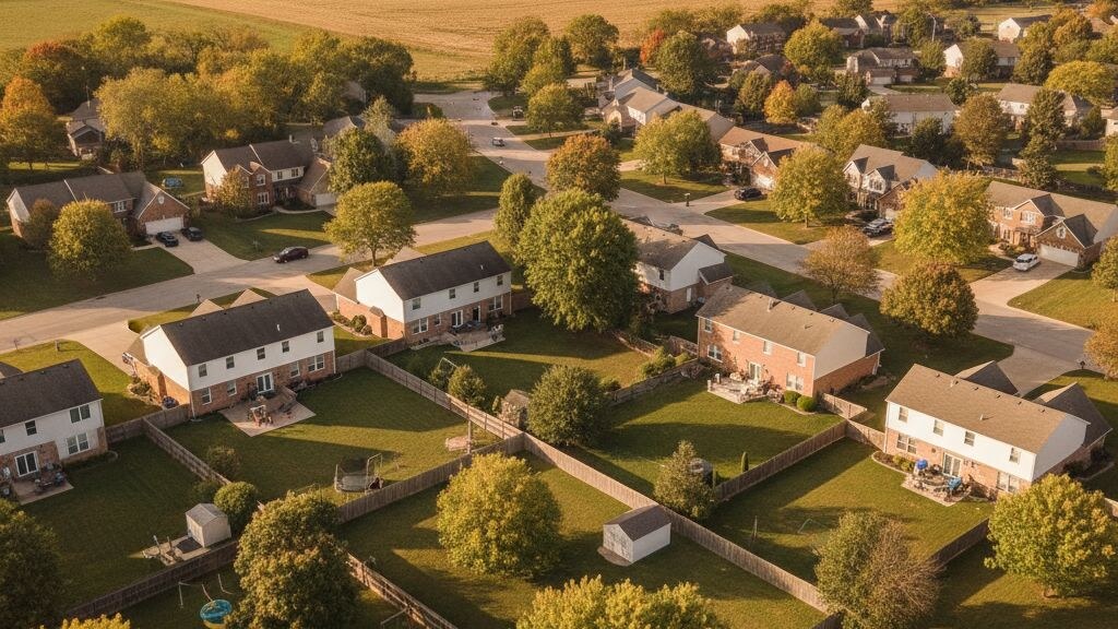 Aerial photograph of a typical Indiana suburban residential neighborhood showing the local backyard pattern in golden afternoon light.
