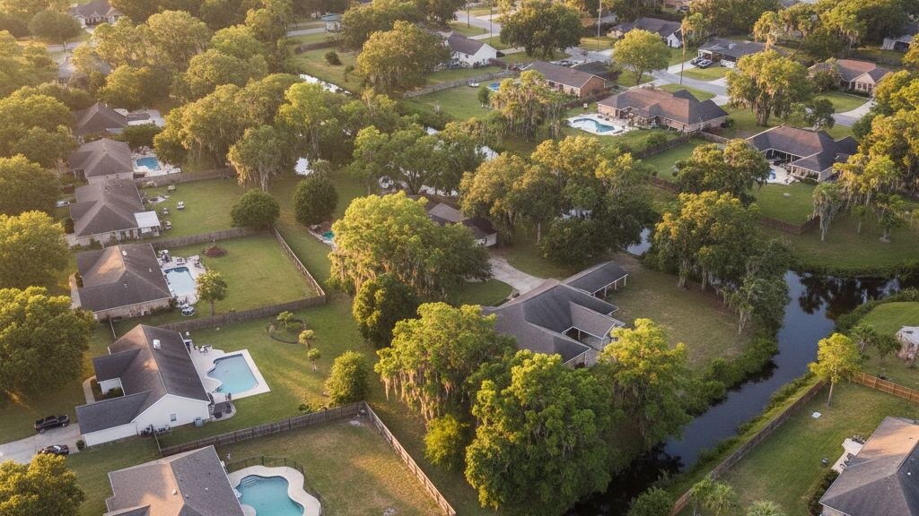 Aerial photograph of a typical Louisiana suburban residential neighborhood showing the local backyard pattern in golden afternoon light.