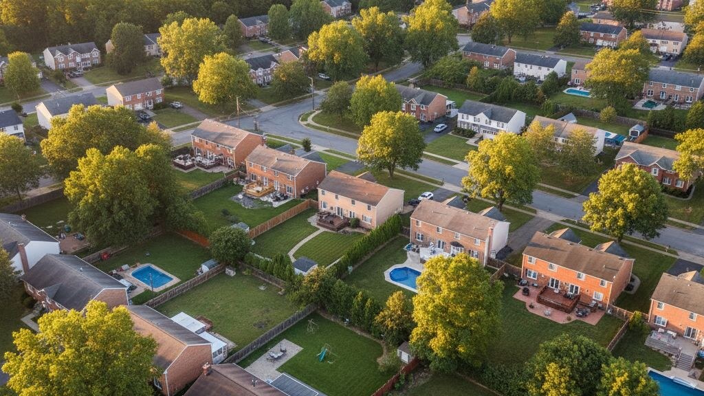 Aerial photograph of a typical Maryland suburban residential neighborhood showing the local backyard pattern in golden afternoon light.