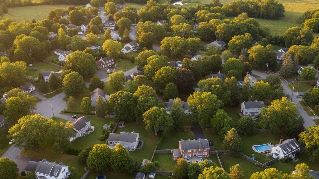 Aerial photograph of a typical Massachusetts suburban residential neighborhood showing the local backyard pattern in golden afternoon light.