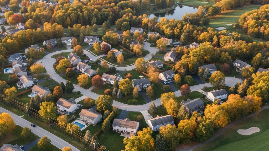 Aerial photograph of a typical Michigan suburban residential neighborhood showing the local backyard pattern in golden afternoon light.