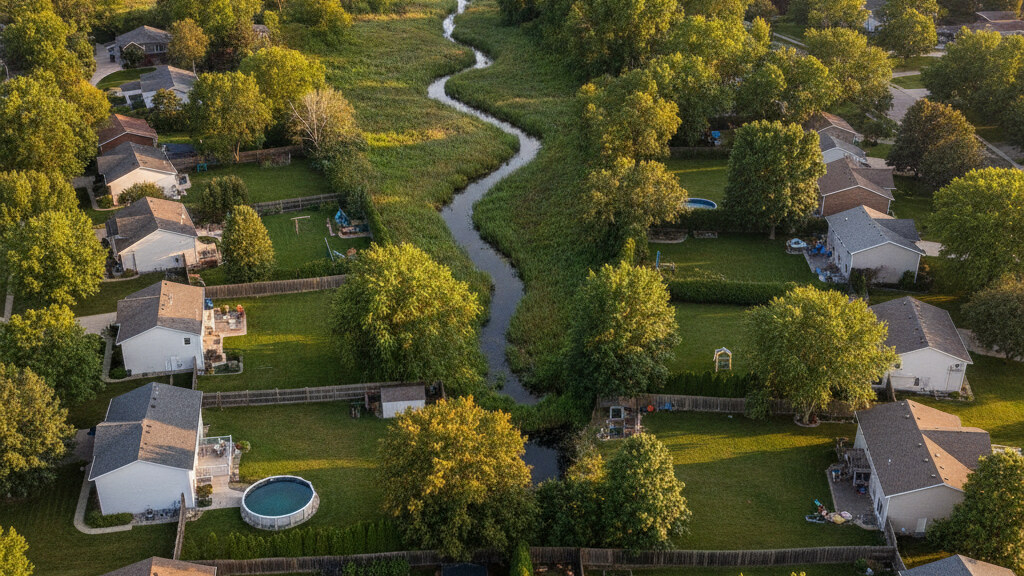Aerial photograph of a typical Minnesota suburban residential neighborhood showing the local backyard pattern in golden afternoon light.