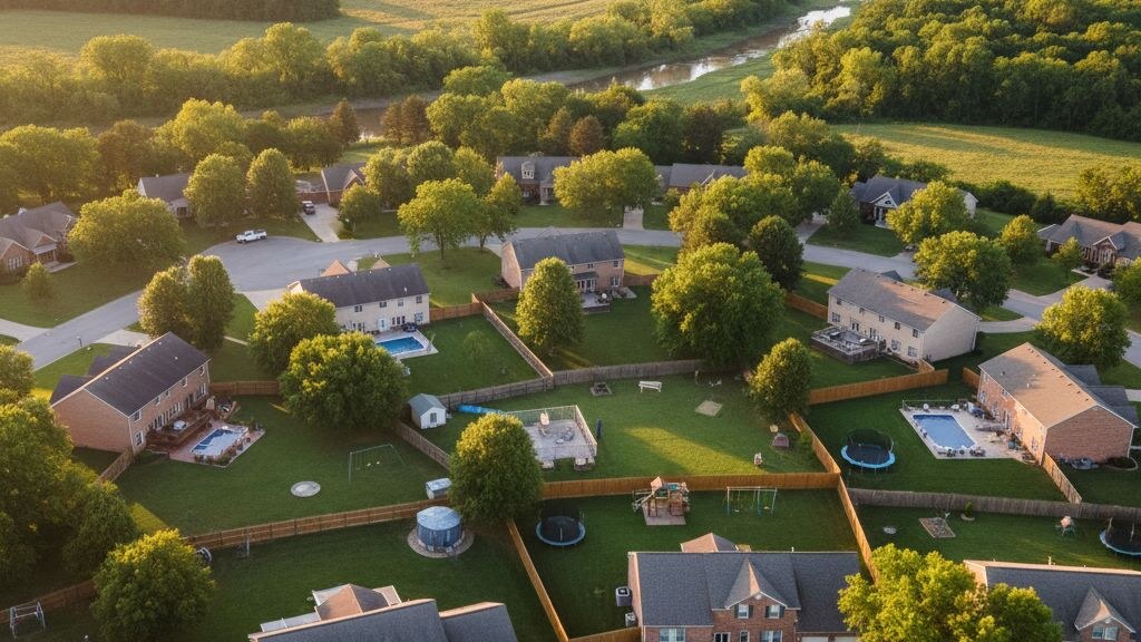 Aerial photograph of a typical Missouri suburban residential neighborhood showing the local backyard pattern in golden afternoon light.