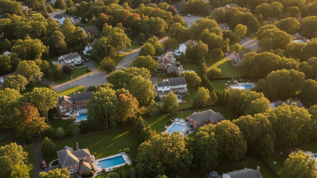 Aerial photograph of a typical New Jersey suburban residential neighborhood showing the local backyard pattern in golden afternoon light.