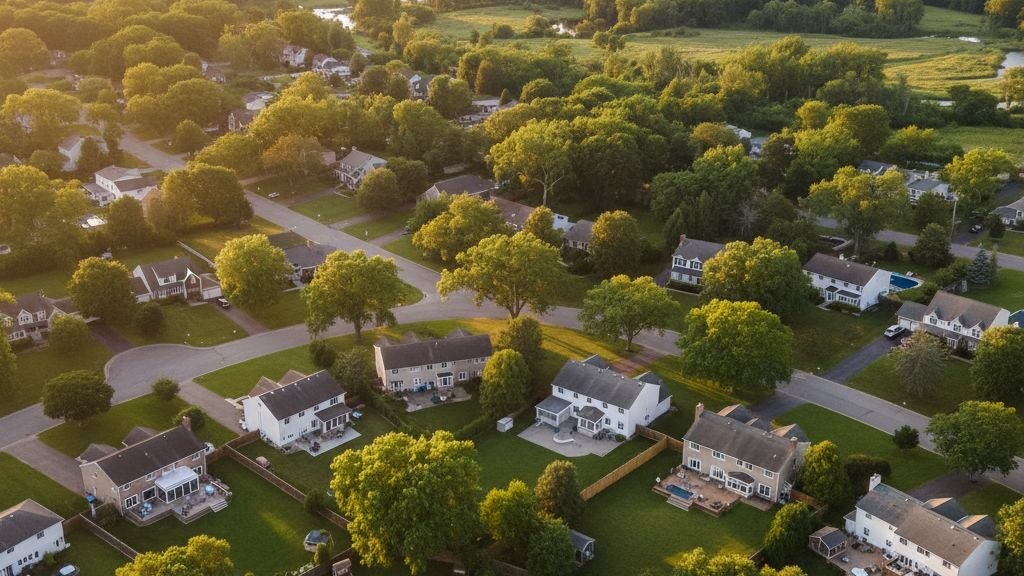 Aerial photograph of a typical New York suburban residential neighborhood showing the local backyard pattern in golden afternoon light.