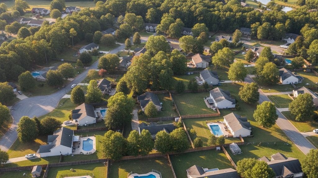 Aerial photograph of a typical North Carolina suburban residential neighborhood showing the local backyard pattern in golden afternoon light.