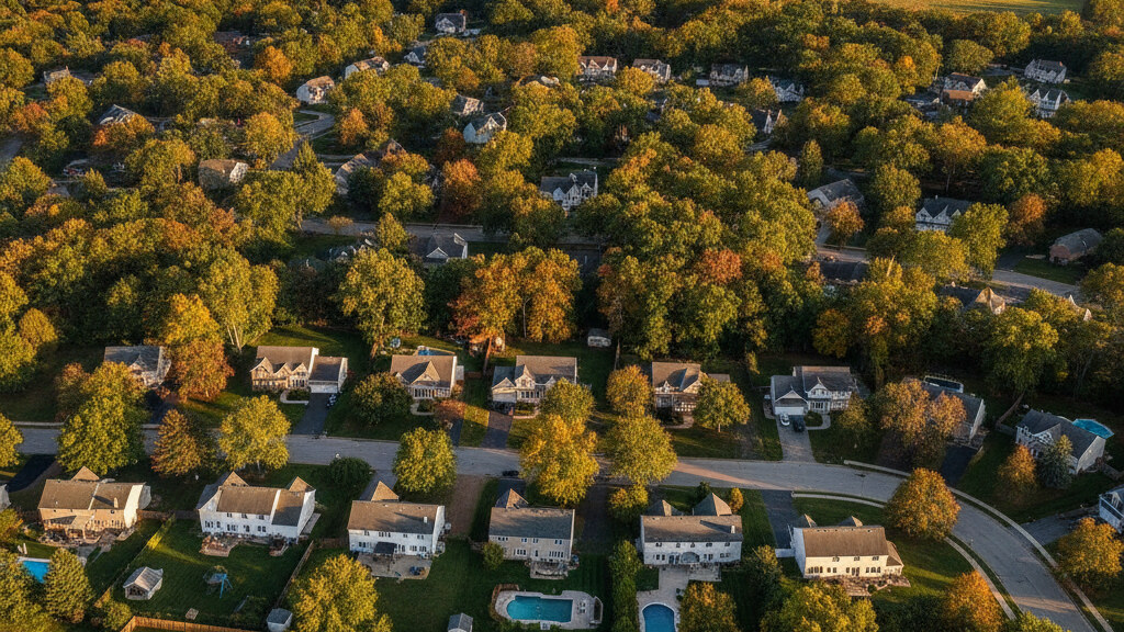 Aerial photograph of a typical Ohio suburban residential neighborhood showing the local backyard pattern in golden afternoon light.