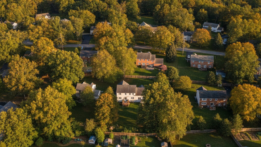 Aerial photograph of a typical Pennsylvania suburban residential neighborhood showing the local backyard pattern in golden afternoon light.