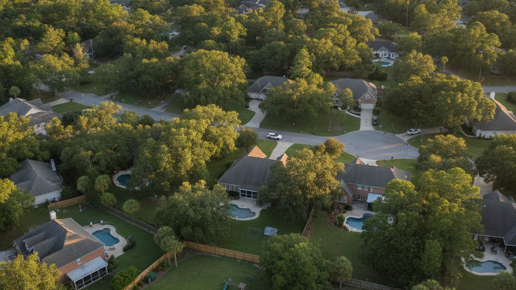 Aerial photograph of a typical South Carolina suburban residential neighborhood showing the local backyard pattern in golden afternoon light.