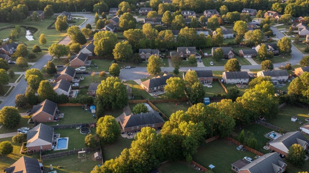 Aerial photograph of a typical Tennessee suburban residential neighborhood showing the local backyard pattern in golden afternoon light.