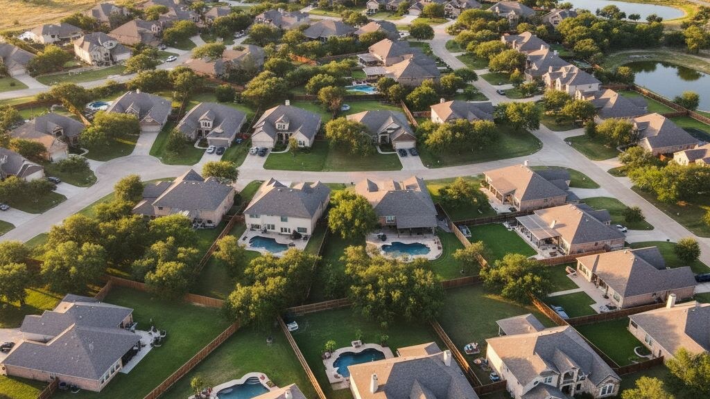 Aerial photograph of a typical Texas suburban residential neighborhood showing the local backyard pattern in golden afternoon light.