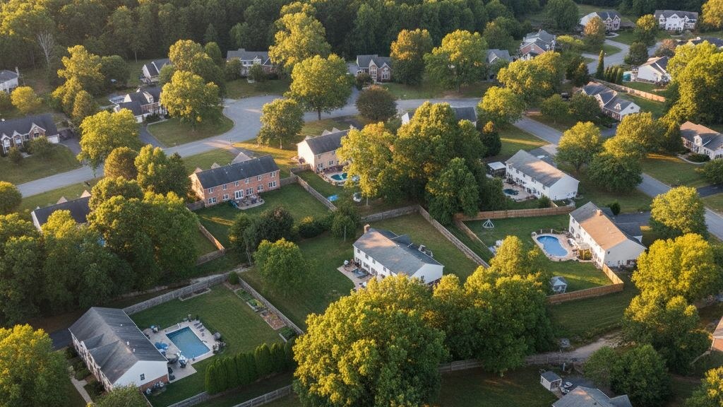 Aerial photograph of a typical Virginia suburban residential neighborhood showing the local backyard pattern in golden afternoon light.