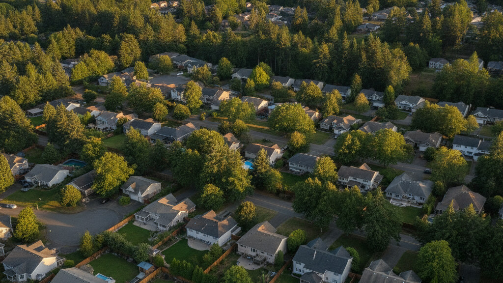 Aerial photograph of a typical Washington suburban residential neighborhood showing the local backyard pattern in golden afternoon light.