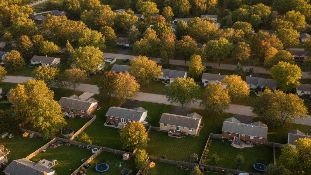 Aerial photograph of a typical Wisconsin suburban residential neighborhood showing the local backyard pattern in golden afternoon light.