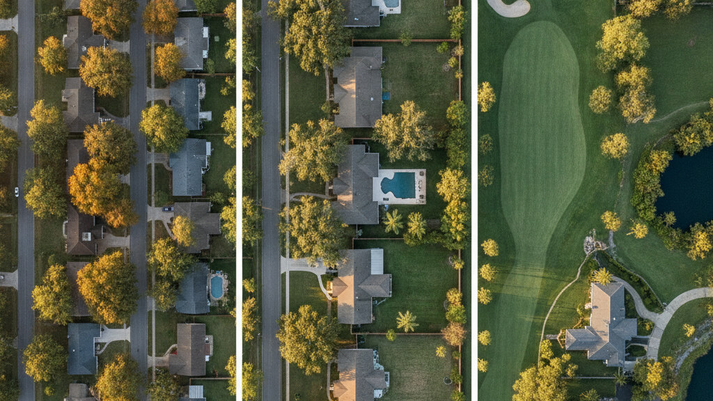Composite aerial photograph showing several US suburban neighborhoods from different regions with visibly different lawn sizes in golden afternoon light.
