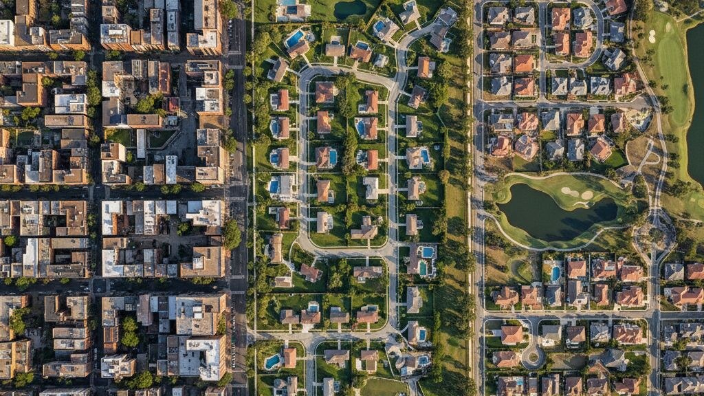 Overhead aerial composite of multiple US city neighborhoods at the same scale showing dramatic differences in lot size in golden afternoon light.