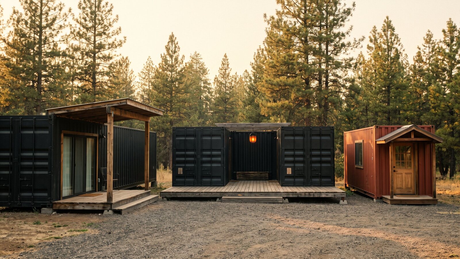 A two-container residence with black steel exteriors and a covered cedar deck between the units at golden hour shot on Kodak Portra 400 film with visible grain