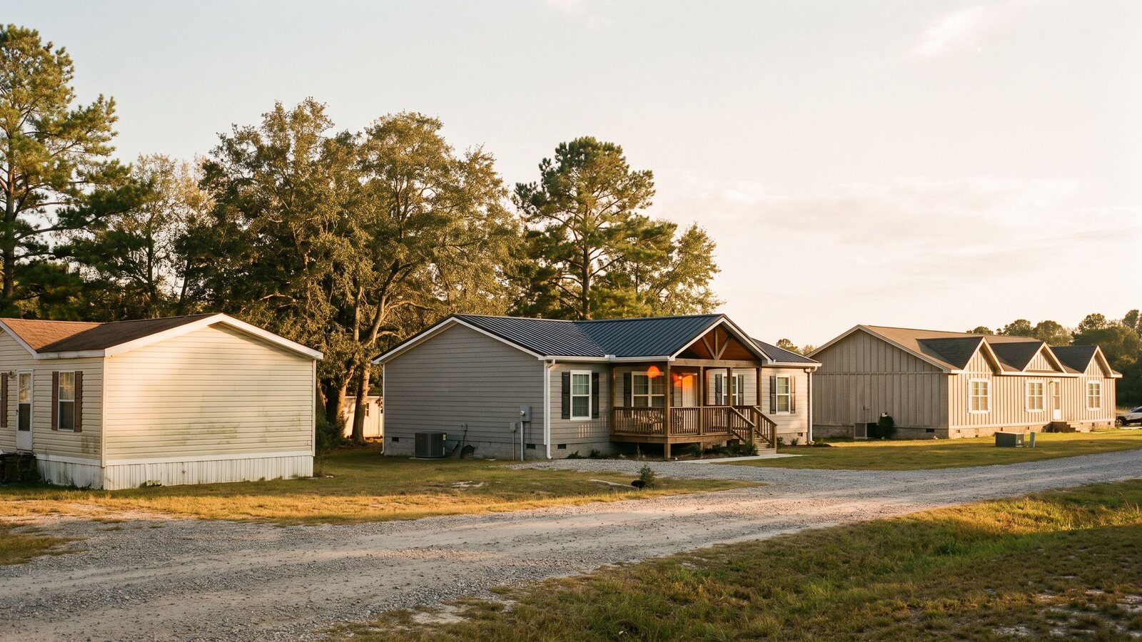 A modern two-section modular home with charcoal siding and black metal roof on a suburban lot at golden hour shot on Kodak Portra 400 film with visible grain
