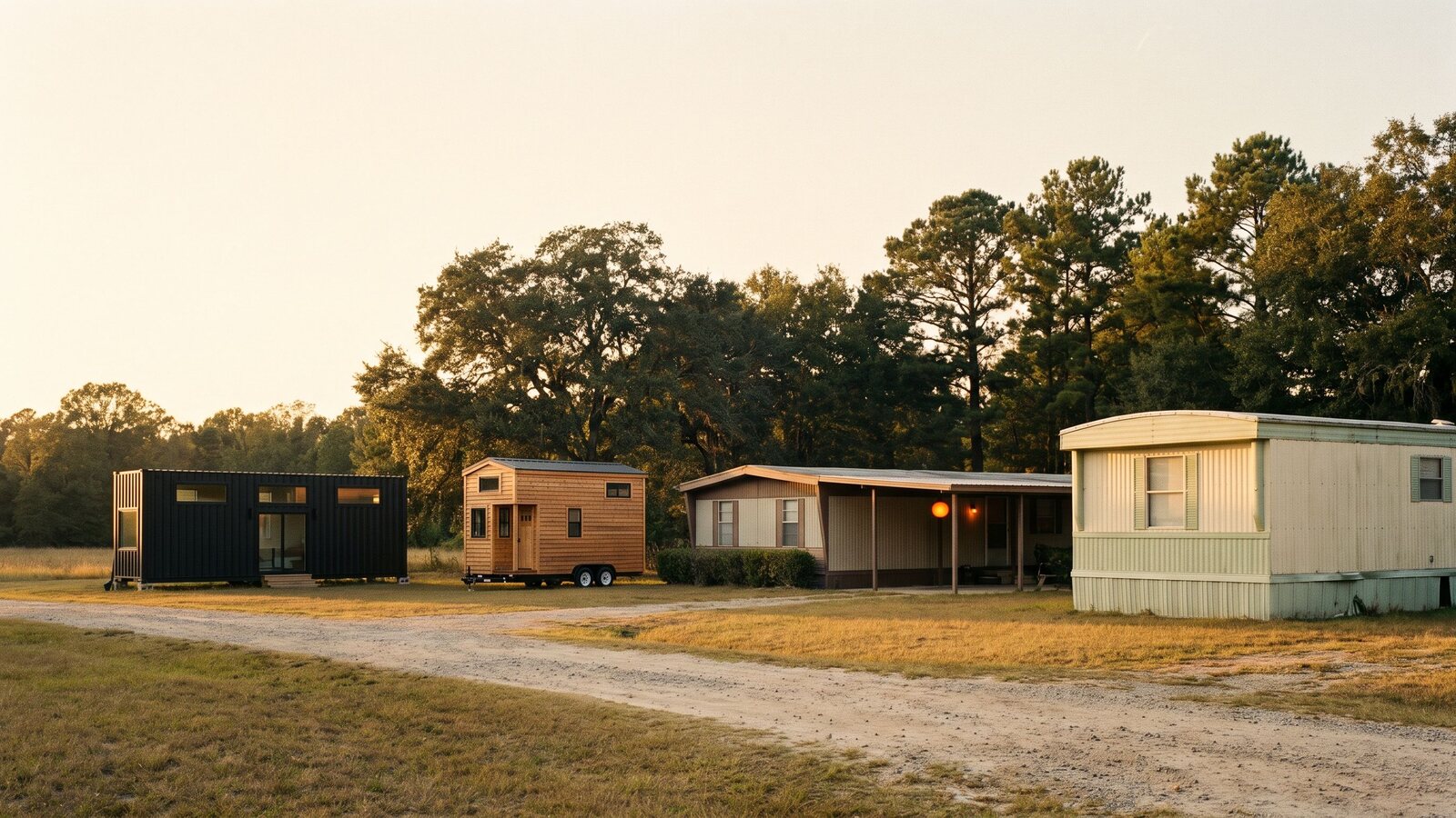 A modern two-story prefab home with cream board-and-batten siding on a rural lot at golden hour shot on Kodak Portra 400 film with visible grain