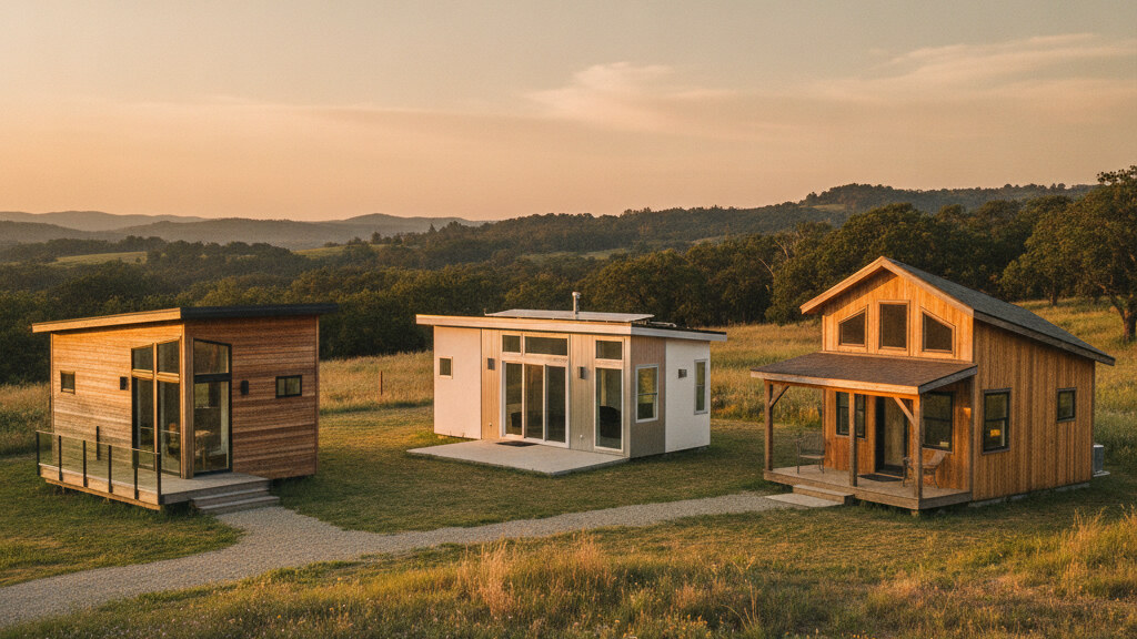 Three prefab tiny homes on adjacent rural parcels showing the variety of architectural language across the prefab category in golden afternoon light.