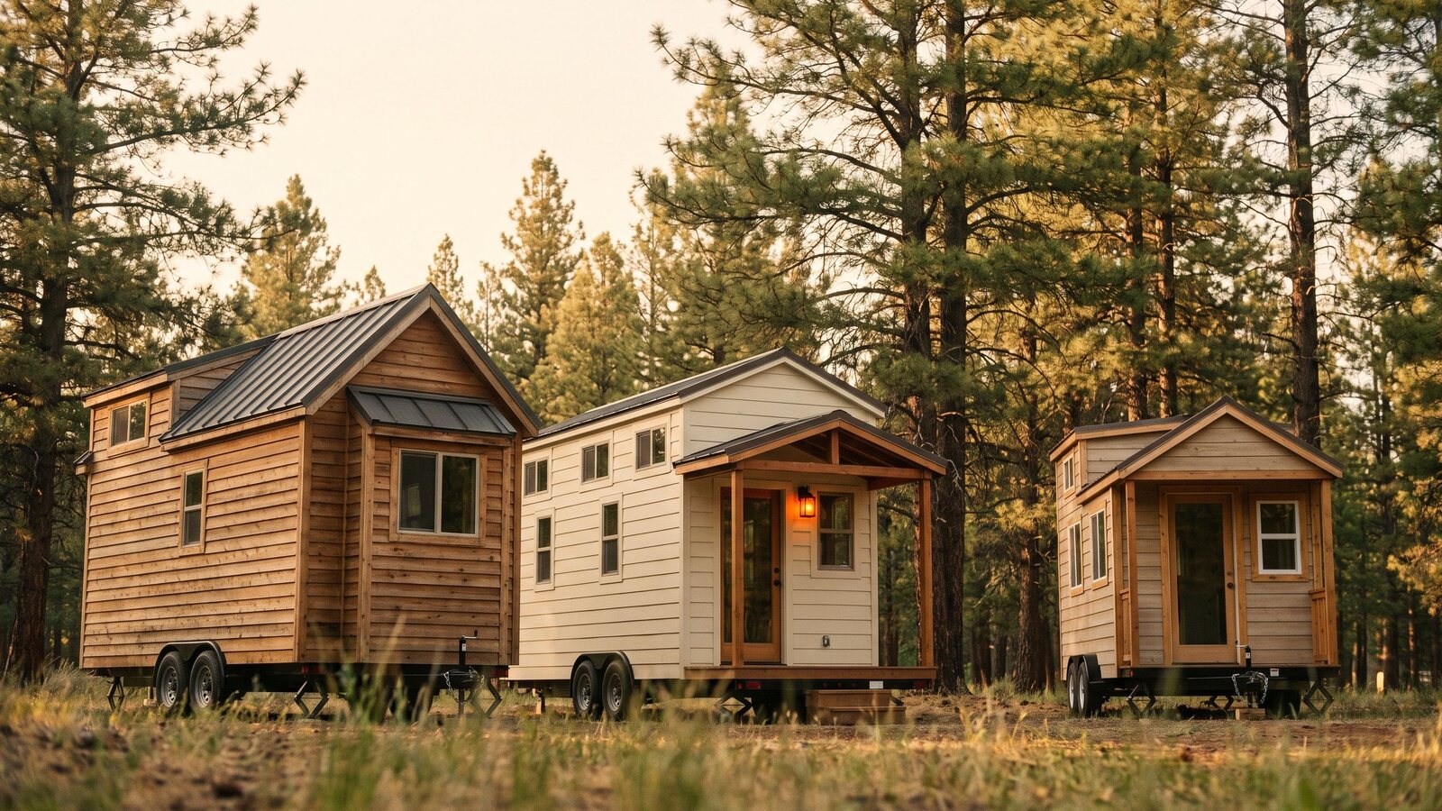 A mid-size tiny home on wheels with natural cedar siding and covered entry porch in a forest clearing at golden hour shot on Kodak Portra 400 film with visible grain