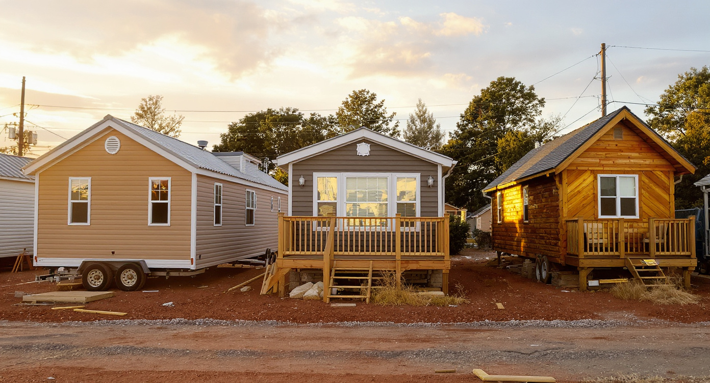 A wheeled tiny house, a park model, and a foundation-built tiny cottage lined up at a builder's lot at golden hour