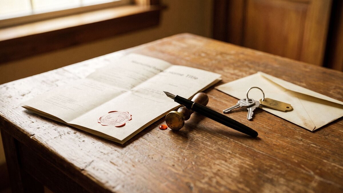 A manufactured home title document with a fountain pen, brass notary seal, and set of keys on a linen surface rendered in heavy Portra 400 grain