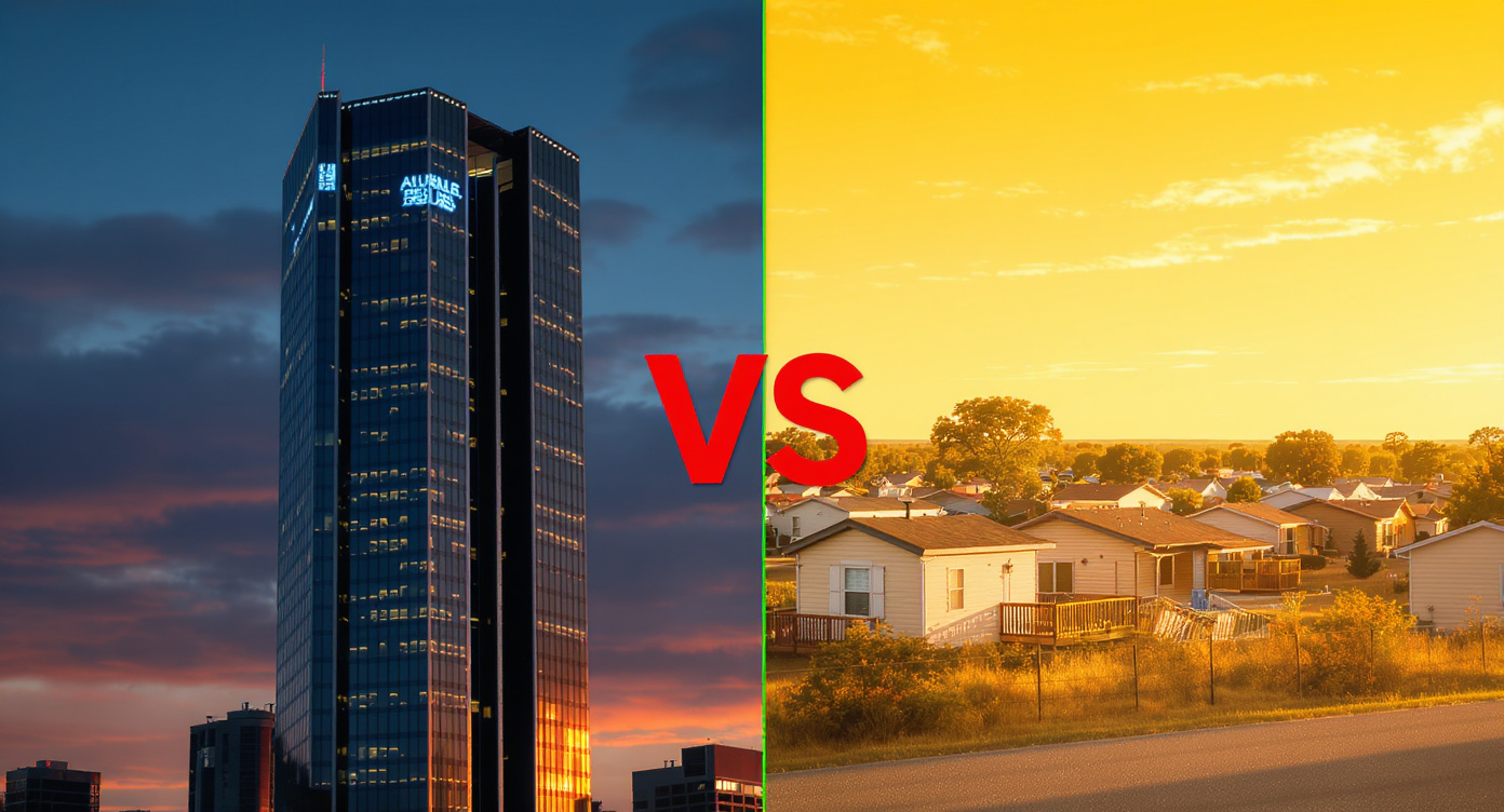 Corporate skyscraper and suburban manufactured home neighborhood contrasted in a conceptual editorial photograph