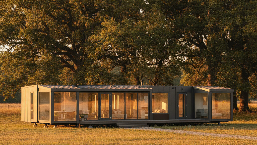 Modern small prefab home delivered on a flat rural parcel with the unit fully deployed in golden afternoon light.